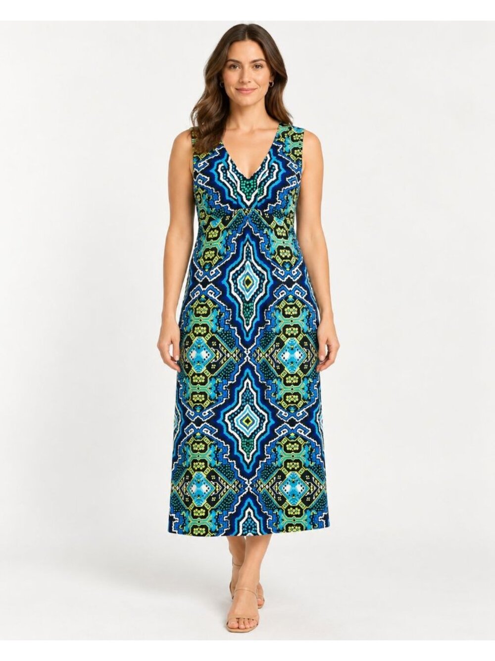 Chicos Womens Maxi Dress Jersey Stretch Empire Waist Multicolor Print Size 2 | L